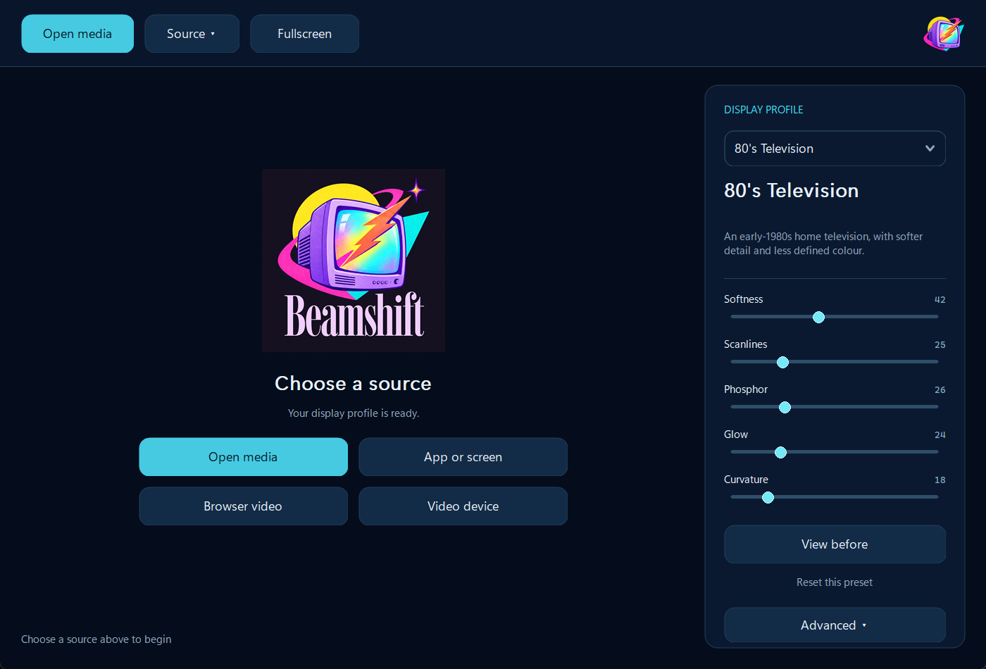 Beamshift welcome screen with Open media, Source, Fullscreen and Browser video controls